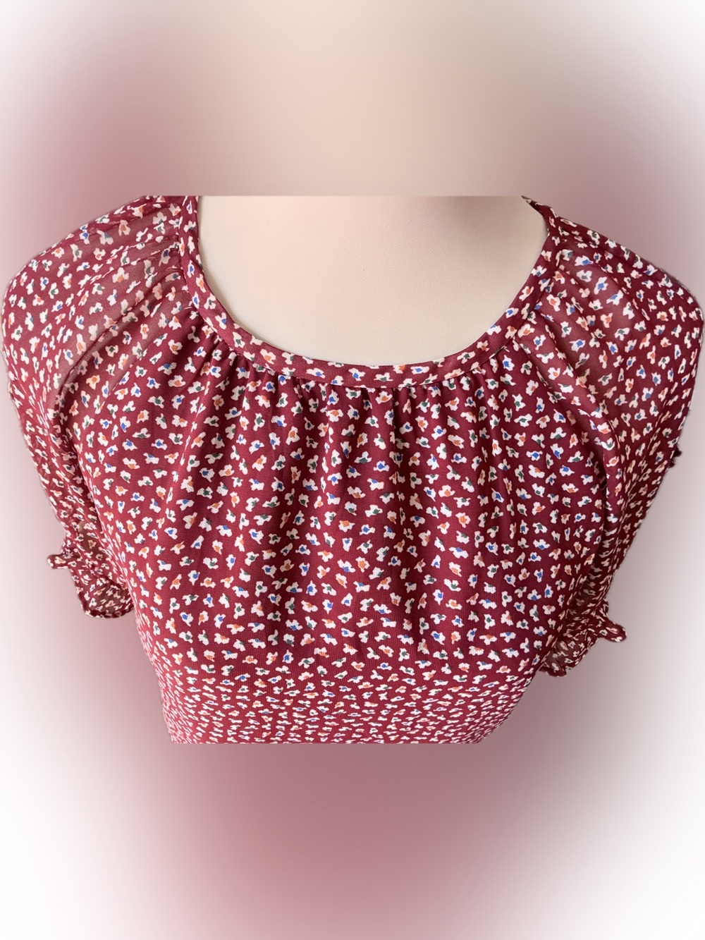 Madewell Floral Ruffle Flutter Short Sleeve Blouse Top Maroon Burgundy XS - Picture 2 of 8
